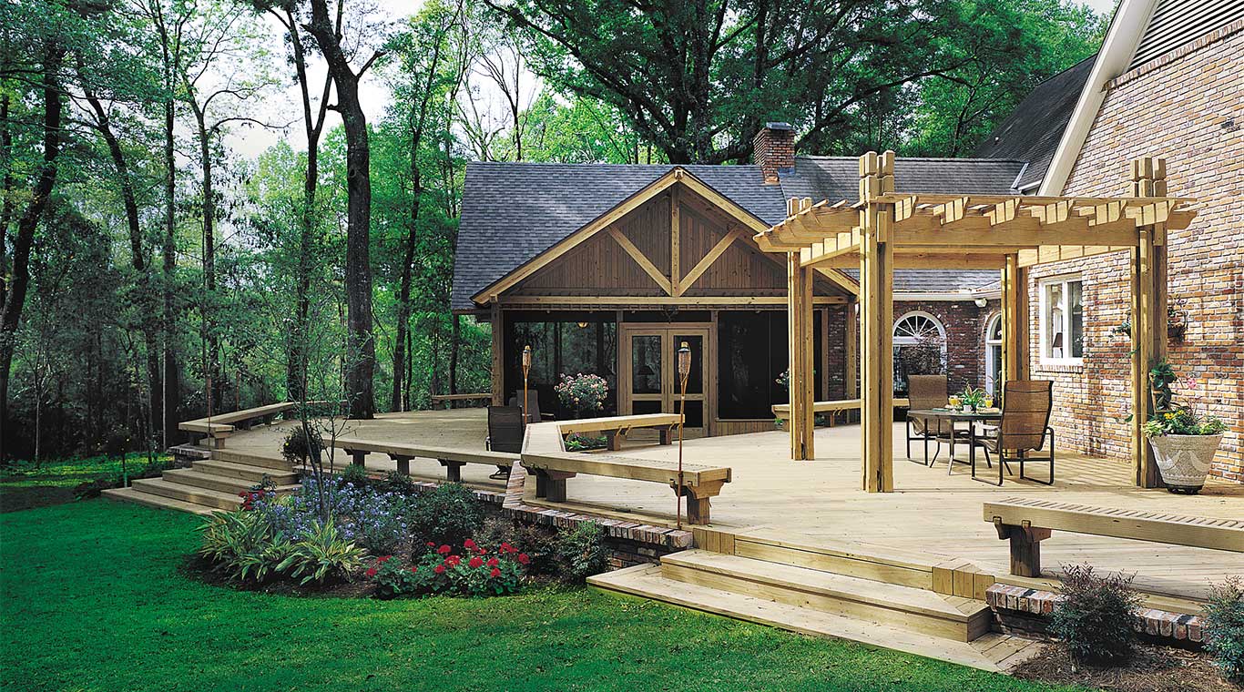 Large Wood Outdoor Deck with Wood Pergola